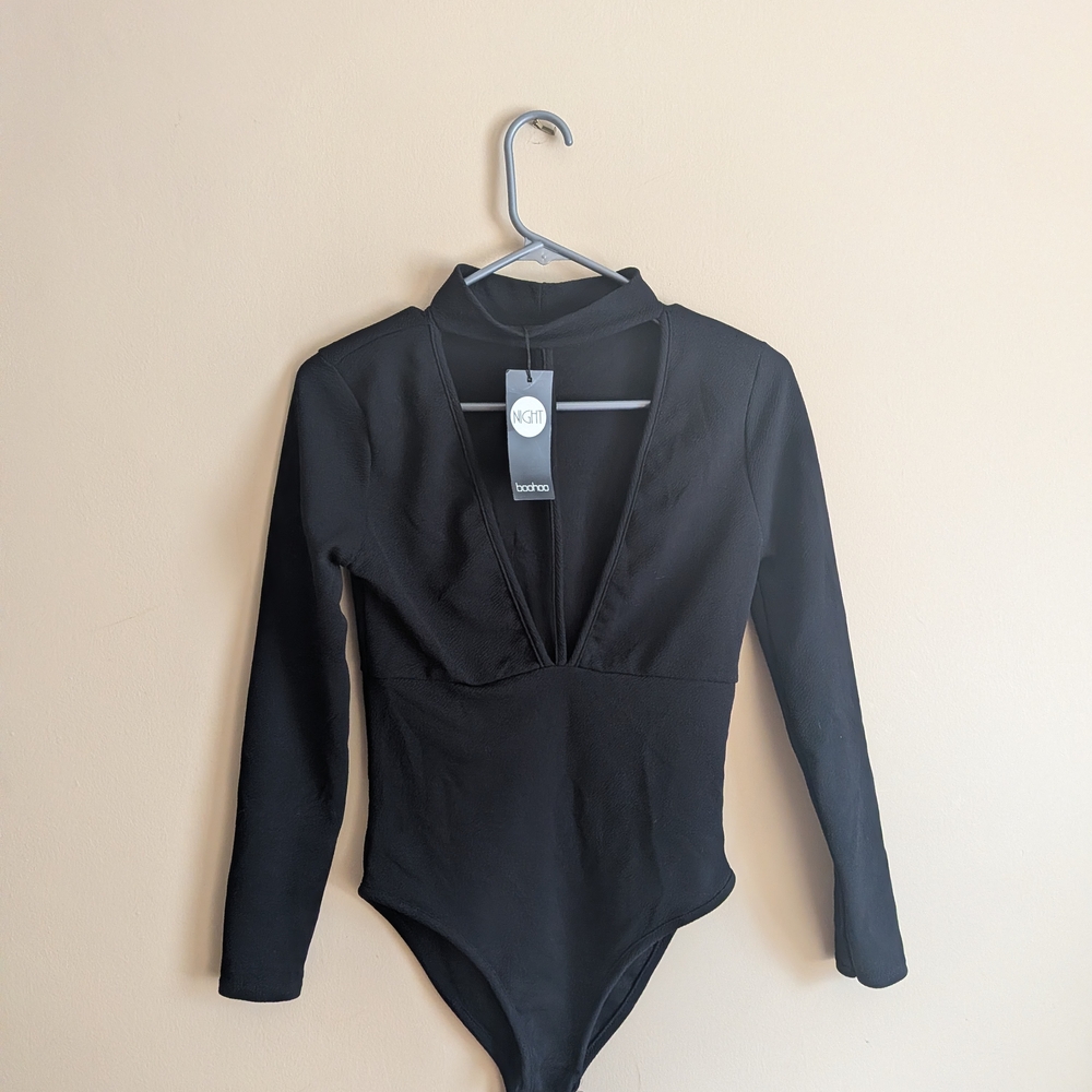 Boohoo Black Long Sleeve Plunge Bodysuit